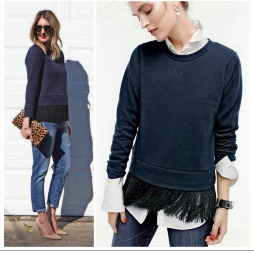 J. Crew Blue Sweatshirt Fringed Hem Knit Sweater Medium